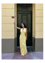 moneta boutique Women's Ruffled Long Halter Design Dress