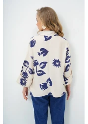 Trend Alaçatı Stili Women's Navy Blue-Beige Double Cuffed Leaf Patterned Woven Shirt Alc-X13785