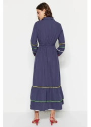  Modest Navy Blue Stripe Detailed Half Placket Cotton Woven Dress TCTSS23EB00302