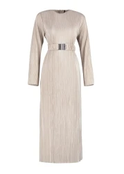  Modest Gold Knitted Dress - Belt and Pleated, TCTSS24EB00154