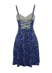  Collection Blue Floral Print Mini Knitted Dress with Backless and Adjustable Straps - TWOSS20EL1630