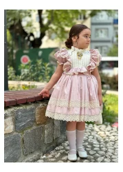 Hly Karol Tasarım Fairytale Powder Pink Vintage Baby Girl Dress, Birthday Dress, Photo Shoot Dress, Suitable for Ages 0-13