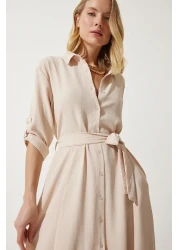 Happiness İstanbul Women's Cream Belted Shirt Dress DD01256