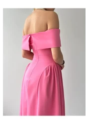 Julidress فستان سهرة طويل بياقة مادونا بطيات طويل وقلم رصاص ممتاز