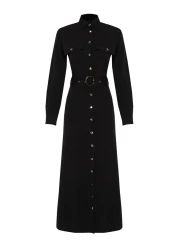  Modest Black Gold Button Detailed Woven Shirt Dress TCTSS24EB00132