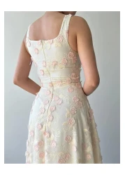 Julidress فستان طويل من الكتان بتصميم مميز مع تطريز وزهرة وردية ثلاثية الأبعاد مطرزة بحزام مبطن