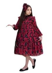 Riccotarz فستان بناتي بياقة مكشكشة وأكتاف مكشكشة ومطرز بالزهور باللون الأحمر