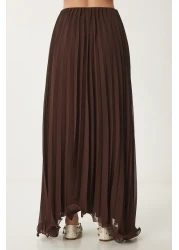 Happiness İstanbul تنورة شيفون ذات ثنيات بنية اللون للنساء DP00237