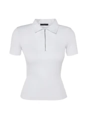  Collection White Zipper Detailed Fitted Polo Neck Ribbed Stretchy Knitted Blouse TWOSS23BZ00496
