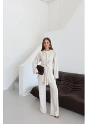 Laluvia Natural Gold Brooch Blouse Trousers Set - 8759