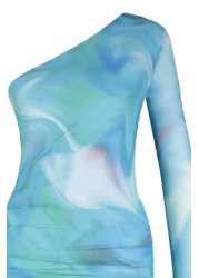  Collection Blue Patterned Draped Body Fitted Flexible Maxi Tulle Pencil Dress TWOSS23EL01799