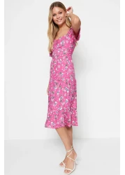  Collection فستان منسوج متوسط الطول بطبعة زهور وأكمام بالون وردي على شكل حرف A TWOSS20EL2323