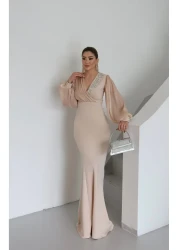 1Moda1Tarz Women's Imported Scuba Crepe Fabric Sleeves and Chest Chiffon Stone Processing Lined Special Design Dress