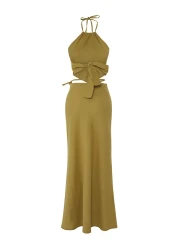  Collection Khaki Woven Halter Neck Back Detail Beach Blouse Skirt Suit Tbess25Au00089