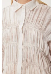 Happiness İstanbul Women's Cream Gathered Draped Woven Shirt Dp00234