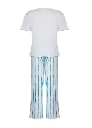  Collection White-Blue Striped Printed Baby Overlock Detailed Viscose Knitted Pajamas Set Thmss25Pt00141