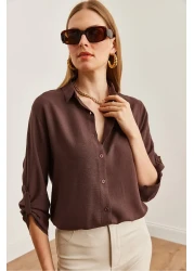 Olalook Women's Linen Shirt - Brown, Sleeve Folded, Gml- 19000825