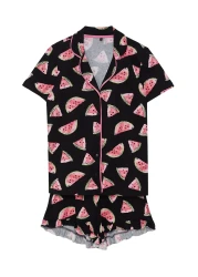  Collection Women Couple/Pair Black 100% Cotton Watermelon Patterned Frilly Shorts Knitted Pajamas Set Thmss21Pt0670