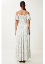 Lovelyİstanbul فستان فيسكوز صيفي طويل مكشكش ومزخرف بحزام ECRU GREEN LUB0112