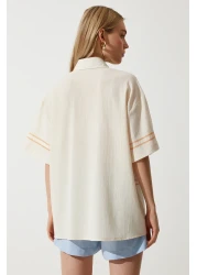 Happiness İstanbul قميص نسائي من الكتان المطرز باللون الكريمي RG00039