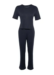  Collection Corduroy Pajama SeT - Navy Blue, Slogan PrinTed T-shirt and Trousers THMSS21PT1016