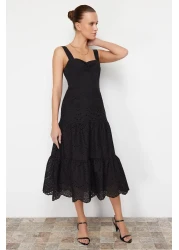  Collection Black Waist Opening Lined Midi Embroidery Woven Dress TWOSS23EL00156