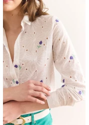 Olalook Women's White Purple Color Floral Cotton Scallop Shirt Gml-19001326