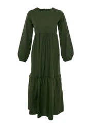  Modest فستان منسوج من القطن ذو قصة واسعة ومفصل باللون الكاكي TCTSS21EL3406