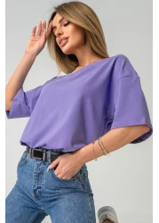 Happyfox تي شيرت نسائي كبير الحجم غير مطبوع برقبة على شكل حرف V - قطن وليكرا، أزرق أرجواني أساسي