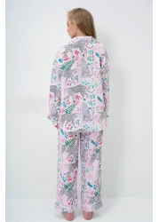 Trend Alaçatı Stili طقم بيجامة نسائي طويل من الساتان مطبوع رقميًا ومزين بتفاصيل باودر PJM-X13913