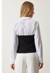 Happiness İstanbul Women's White Black Polo Neck Color Blocked Shirt Blouse AN00174