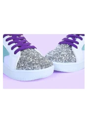 MECH BUTİK Girl's White Sneakers Green Starry Silver Sequin Colorful Lace-Up Sneakers