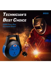 MODI Retractable 3-Way Extension Cord Reel - 10m Cable Reel with Power Button for Home, Office 2000 Watts Power Extension (10M)