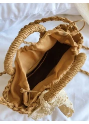 Lightweight Portable Small Straw Bag Skinny Scarf Decor Drawstring Double Handle For For Teen Girls Women College Students Perfect For School Outdoors Travel Outings Handbag Shoulder Bag Elementary Sc