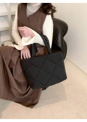 حقيبة تسوق قابلة للطي من القماش المنقوش، متعددة الاستخدامات للأعمال الرسمية والكاجوال، باللون الأسود، لوازم