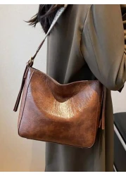 قطعة واحدة حقيبة كتف نسائية كبيرة السعة من الجلد الاصطناعي بطراز عتيق - حقيبة يد سوداء أو بنية ذات سحاب متعددة