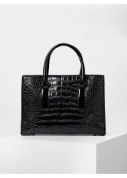 Women s Faux Crocodile Embossed Black Tote Bag Large Capacity Shoulder Bag Handbag Crossbody Bag Simple Crocodile Pattern Tote Bag Faux Leather Shoulder Bag Women s Classic Handbag Business Casual Wom