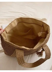 1 Pc Fashionable New Casual Summer Holiday Style Large Capacity Portable Solid Color Grass Woven Zipper Tote Bag With Wooden Bead Tassel Pendant Women s Beach Bag Suitable For Outdoor Leisure Vacation