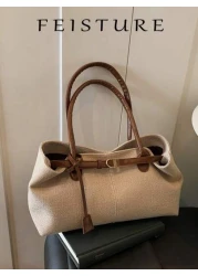 FEISTURE 1 Piece Summer Straw Woven Handbag Beach Bag By The Sea Large Capacity Belt Buckle Design Tote Bag Magnetic Buckle Closed Suitable For Girls Ladies College Students Newcomers And White Collar