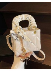 Exquisite Mini High Quality Textured New Popular Sweet Silk Scarf Handbag In Spring And Summer Niche Design Diamond Grid Heart Embroidered Princess Diana Bag Fashionable Crossbody Bag With Bow Pendant