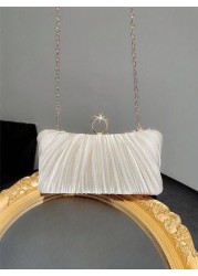 Women Fashionable Shiny Ring Buckle Pleated Satin Box Clutch Bag For Evening Dress Formal Party Prom Wedding Chain Handbag