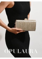 OpulAura Retro Luxury Clutch Bag Gold Leather Pleated Design Fashion Party Purse Elegant Box Handbag With Chain Strap Suitable For Party Wedding Formal Events Autumn Winter Tready Party Bags Perfect F