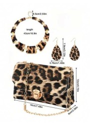 4pcs Leopard Print Jewelry Set For Women Alloy Earrings Bracelet Necklace With Tassel Pendant And Clutch Purse Sexy Street Style Accessories For Daily Wear Vacation And All Seasons