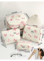 1Piece Bow Travel Toiletry Bag With Handle Quilted Fabric Large Capacity Women Handle Cosmetic Bag Cosmetic Brushes Storage Make Up Organizer Travel Skincare Makeup Pouch For For Bathroom For College