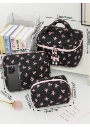 Floral Bow Decor Makeup Bag Fabric Print Zipper Pouch Sweet Style Toiletry Bag Cosmetic Bag For Home Travel Daily Use Women Makeup Organizer Makeup Storage Bag Mini Pouch Travel Small Makeup Case Acce