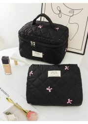 حقيبة مكياج مجموعة مبطنة بالقطن مطرزة بالفيونكة للنساء ، حقيبة تجميل للسفر مع مقبض ، حقيبة لتخزين التامبون وا