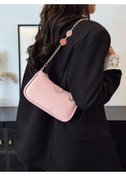 New Fashion Classic Joker Solid Color Pu Waterproof Fabric Shoulder Baguette Bag Strawberry Metal Chain Decorated Underarm Bag Elegant Handbag Business Commuter Bag Suitable For Travel Shopping Partie