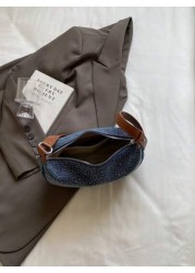 Light Blue Denim Rhinestone Decor Underarm Women Shoulder Bag Fashionable Versatile For Work Dating Casual Spring Summer