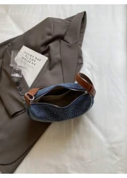 Light Blue Denim Rhinestone Decor Underarm Women Shoulder Bag Fashionable Versatile For Work Dating Casual Spring Summer