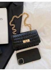 Faux Leather Solid Crocodile Embossed Fashion Mini Chain Strap Shoulder Bag